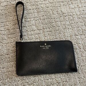 New kate spade black leather wristlet with gold logo
